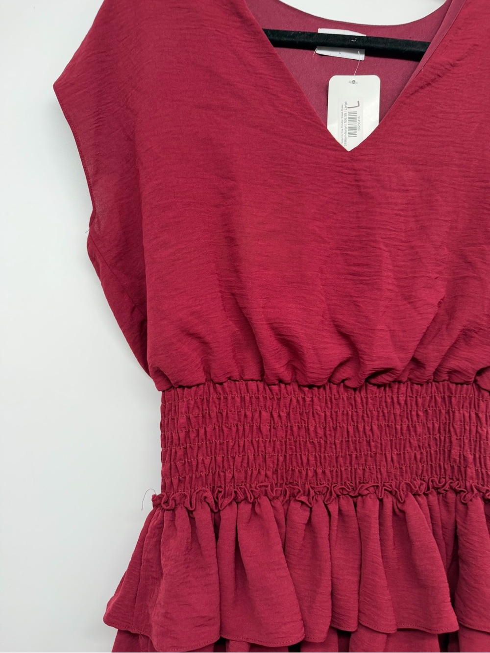 Adrienne Burgundy Smocked Waist Tiered Ruffle Dress Size Large - Picture 2 of 4